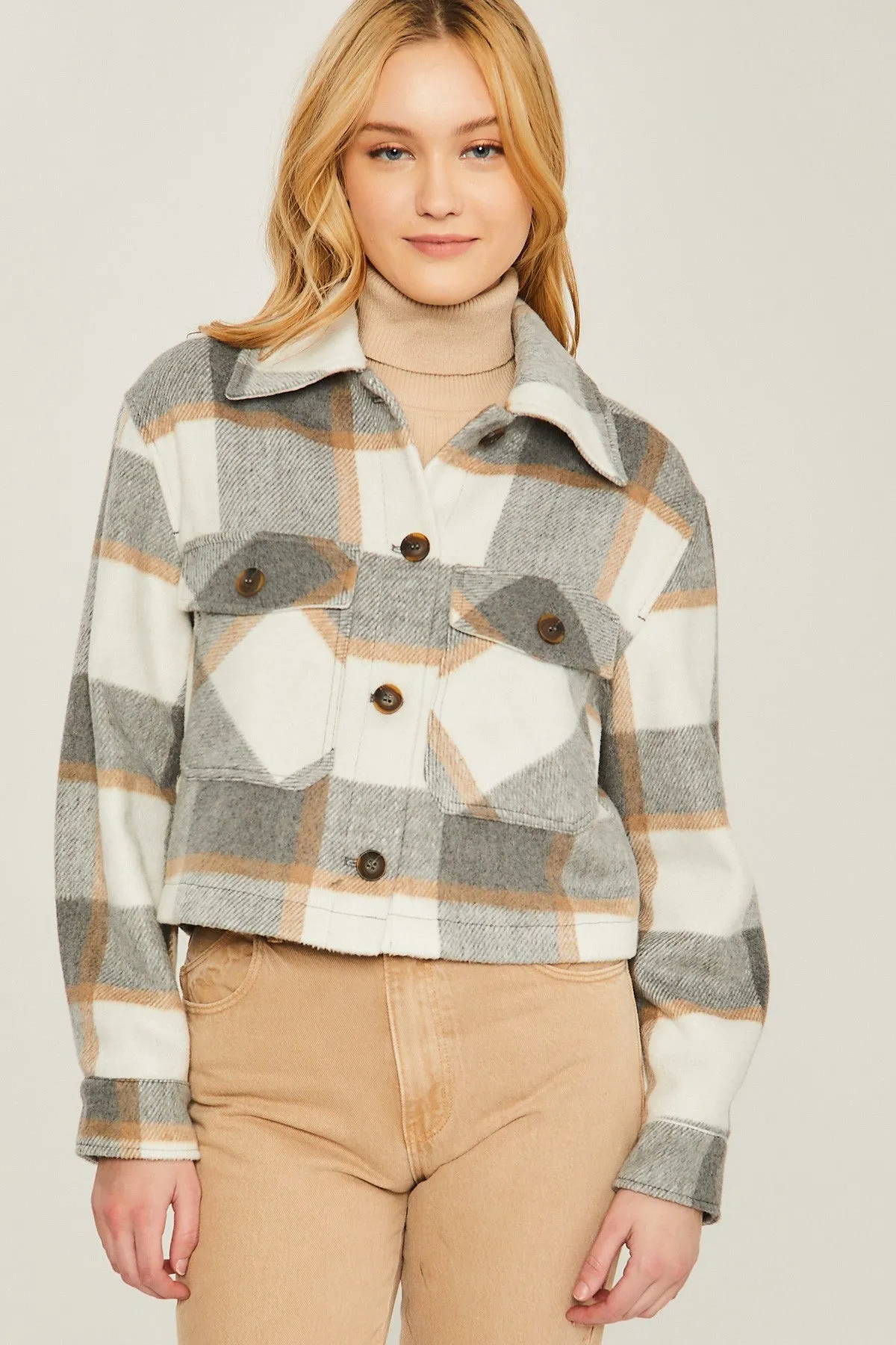 All That You Are  Plaid Button Up Jacket - Grey - Final Sale