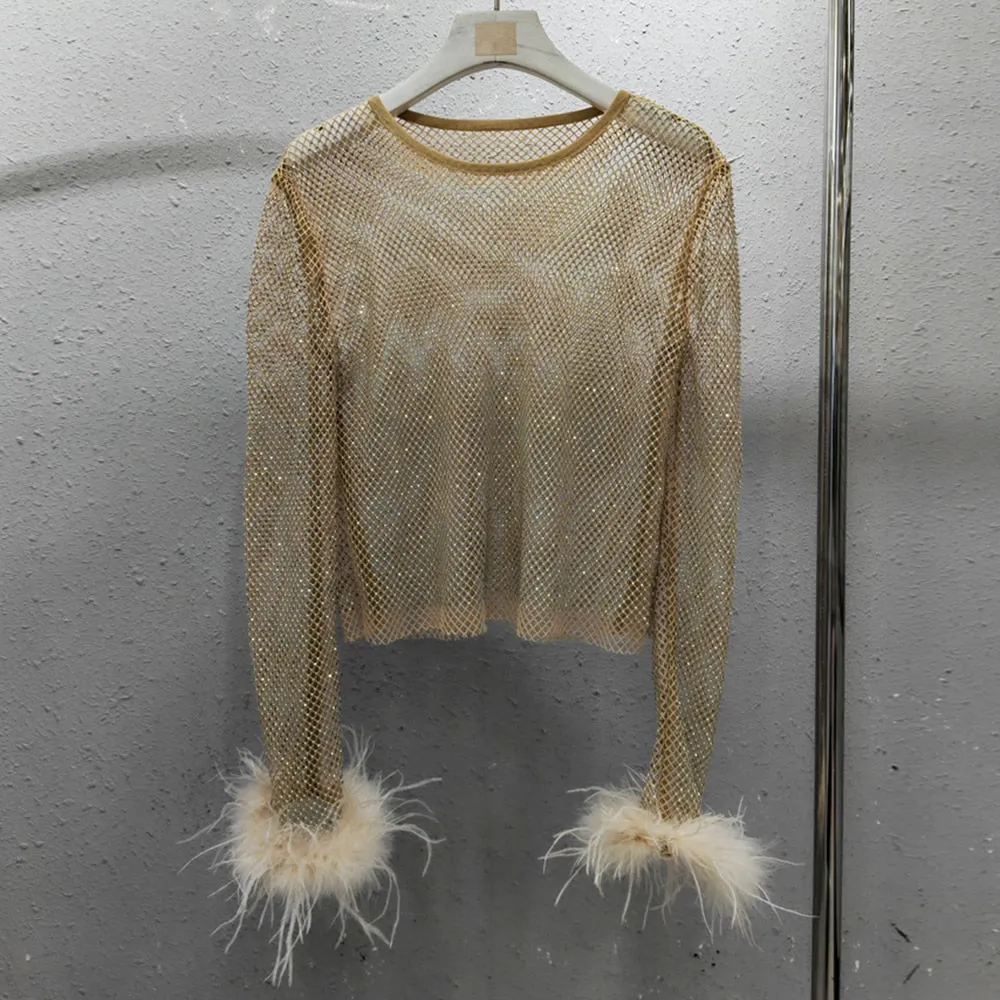 Casual Cut Out T Shirt For Women Round Neck Long Sleeve Patchwork Feathers Diamonds T Shirts Female Clothing Summer