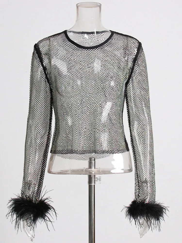 Casual Cut Out T Shirt For Women Round Neck Long Sleeve Patchwork Feathers Diamonds T Shirts Female Clothing Summer