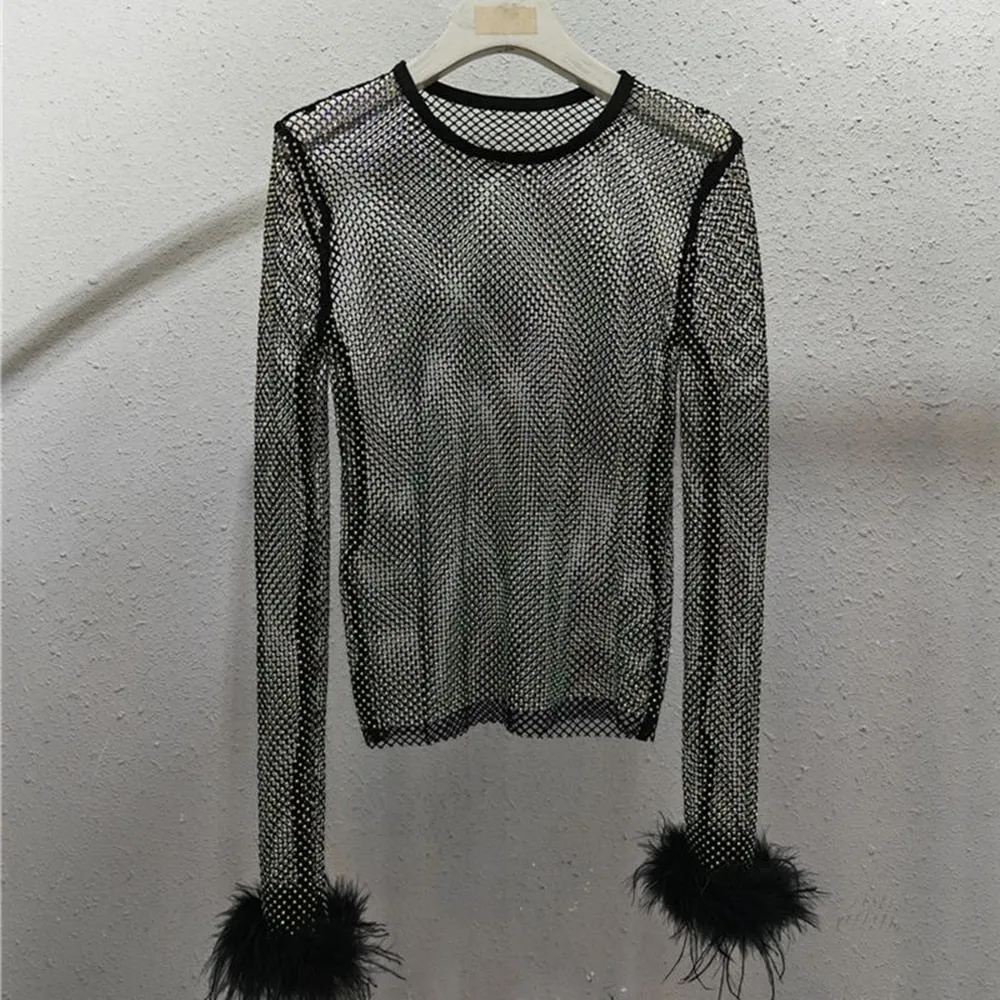 Casual Cut Out T Shirt For Women Round Neck Long Sleeve Patchwork Feathers Diamonds T Shirts Female Clothing Summer