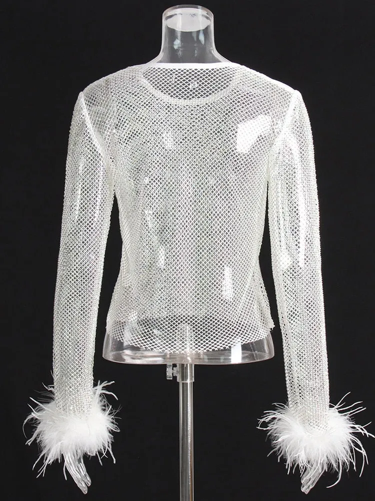 Casual Cut Out T Shirt For Women Round Neck Long Sleeve Patchwork Feathers Diamonds T Shirts Female Clothing Summer