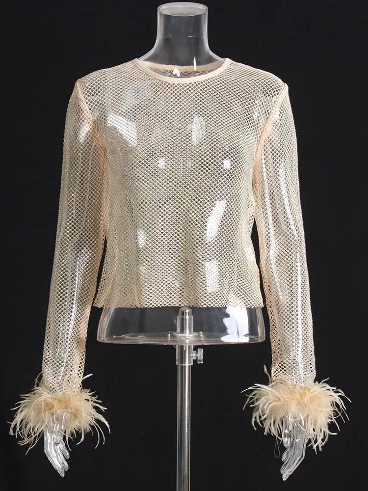 Casual Cut Out T Shirt For Women Round Neck Long Sleeve Patchwork Feathers Diamonds T Shirts Female Clothing Summer