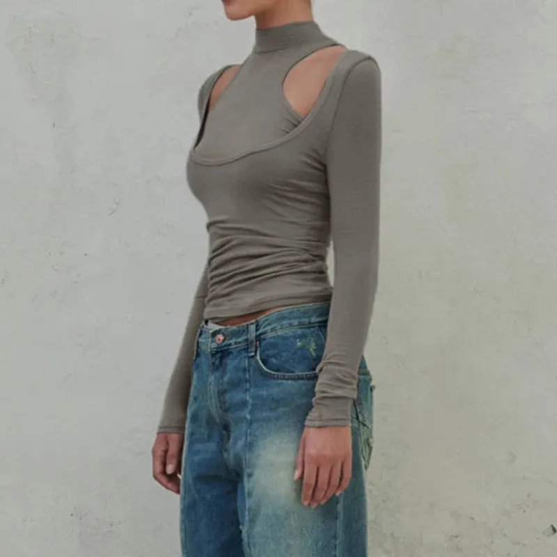Casual Fitness Basic Solid Autumn T shirt Female Long Sleeve Japanese Y2K Harajuku Tee Two Pieces All-Match Outfits
