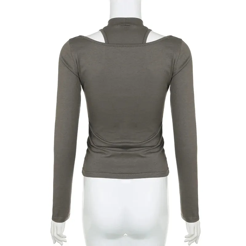 Casual Fitness Basic Solid Autumn T shirt Female Long Sleeve Japanese Y2K Harajuku Tee Two Pieces All-Match Outfits