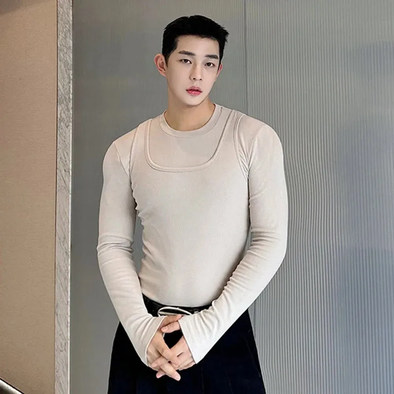 Casual Slim Male T-shirt Vest Two-piece Set Round Collar Long Sleeve T-shirts Solid Color Sleeveless Tank Top 9C3856