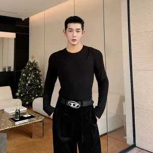 Casual Slim Male T-shirt Vest Two-piece Set Round Collar Long Sleeve T-shirts Solid Color Sleeveless Tank Top 9C3856