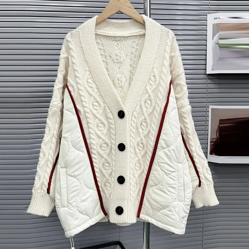 Colorblock Casual Loose Knitting Sweaters For Women Deep V Neck Long Sleeve Patchwork Button Sweater Female