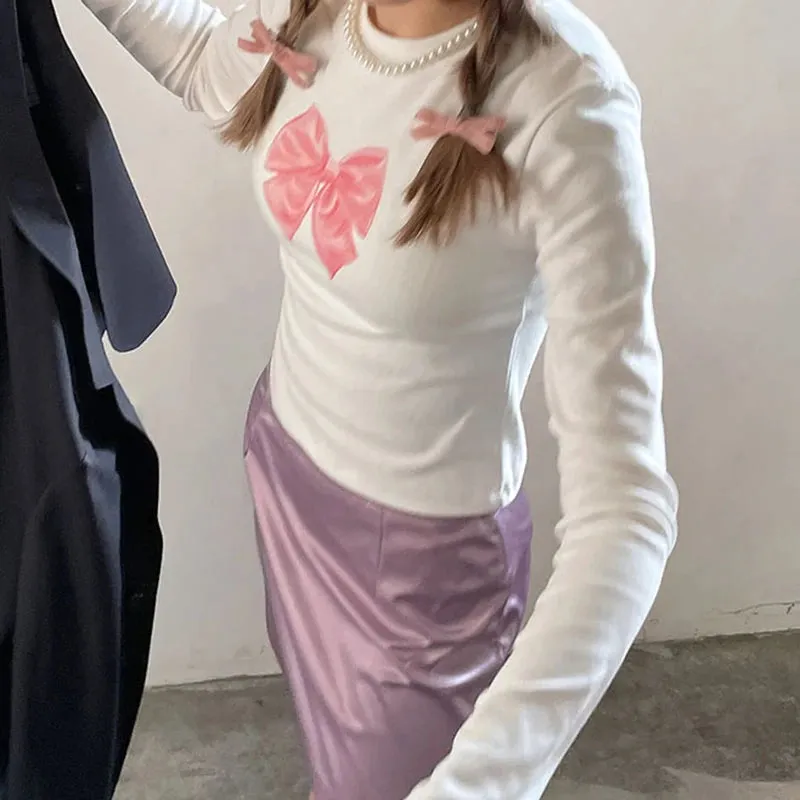 Cutecore Bow Print White Autumn T shirt Women Slim Korean Coquette Clothes Tee Pullover Kawaii Sweet Top Crop Casual