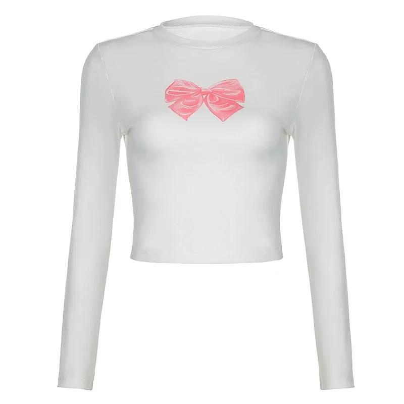Cutecore Bow Print White Autumn T shirt Women Slim Korean Coquette Clothes Tee Pullover Kawaii Sweet Top Crop Casual