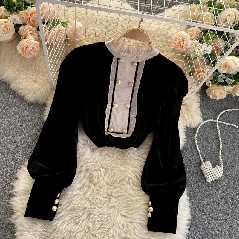 Elegant Women Blouse Fashion Black Double Breasted Pullover Casual O Neck Long Sleeve Female Tops Korean Slim Ladies Shirts