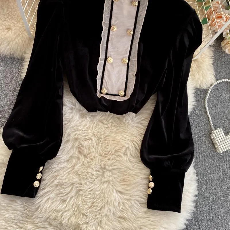 Elegant Women Blouse Fashion Black Double Breasted Pullover Casual O Neck Long Sleeve Female Tops Korean Slim Ladies Shirts