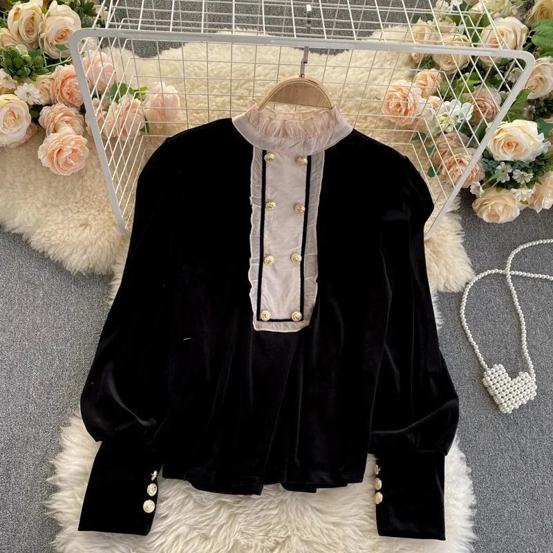 Elegant Women Blouse Fashion Black Double Breasted Pullover Casual O Neck Long Sleeve Female Tops Korean Slim Ladies Shirts
