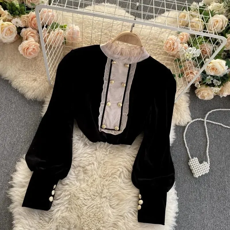 Elegant Women Blouse Fashion Black Double Breasted Pullover Casual O Neck Long Sleeve Female Tops Korean Slim Ladies Shirts