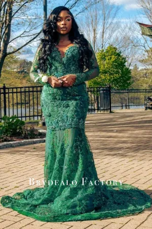 Emerald Long Sleeves Beaded Mermaid Prom Dress