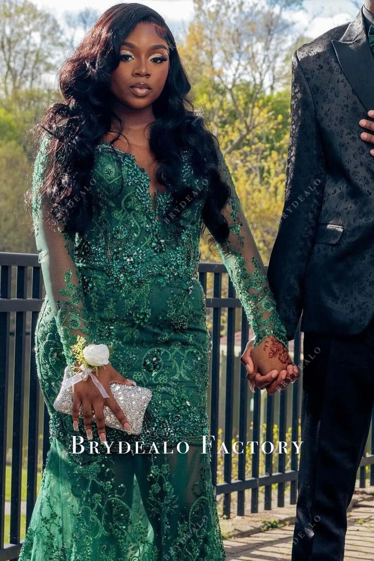 Emerald Long Sleeves Beaded Mermaid Prom Dress