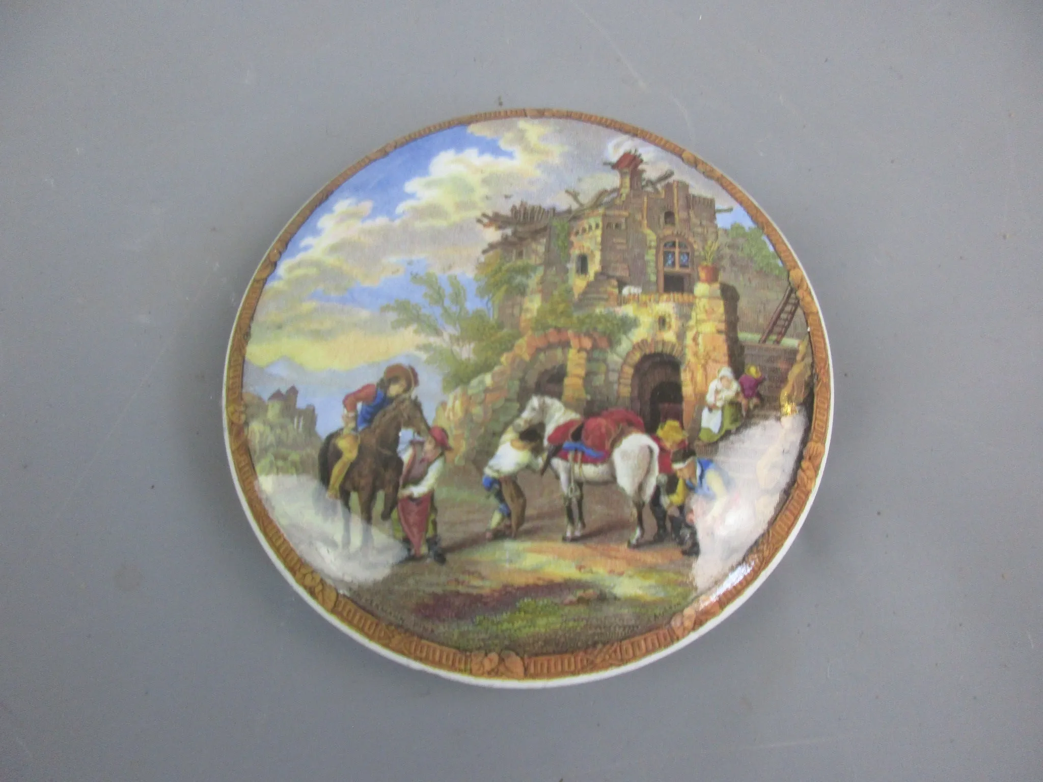 Glazed Ceramic Pot Lid With Riding Scene Antique Victrorian c1880