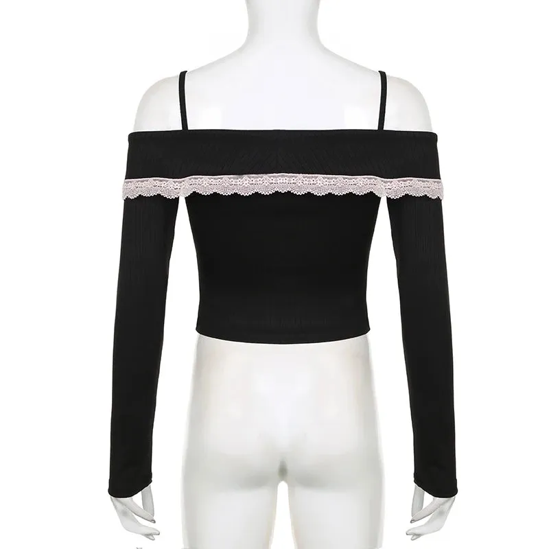 Gothic Lace Sweet Skinny Party T-shirt Female Off Shoulder Tie Up Cropped Top Harajuku Clothing Design Tees Elegant