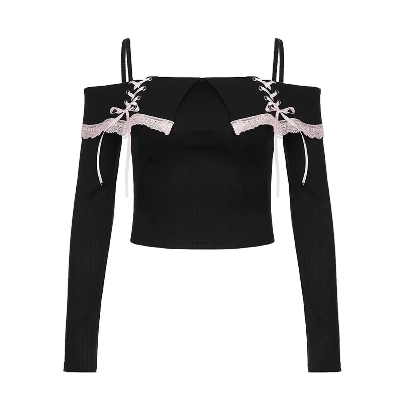 Gothic Lace Sweet Skinny Party T-shirt Female Off Shoulder Tie Up Cropped Top Harajuku Clothing Design Tees Elegant
