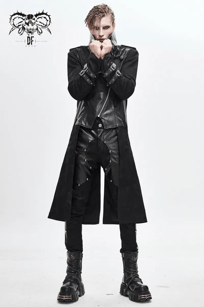 Gothic Punk Long Trench Coat With Pocket / Men's Assymetrical Coat With Zipper and Buckles
