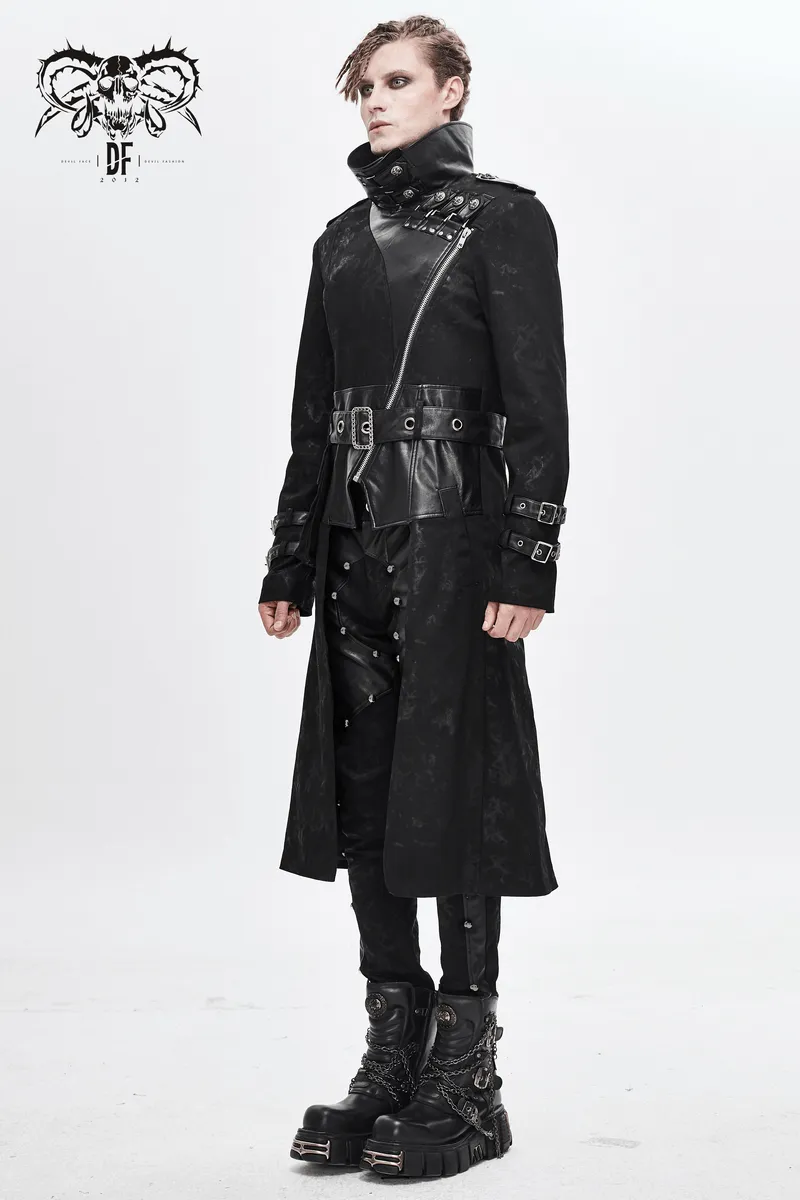 Gothic Punk Long Trench Coat With Pocket / Men's Assymetrical Coat With Zipper and Buckles