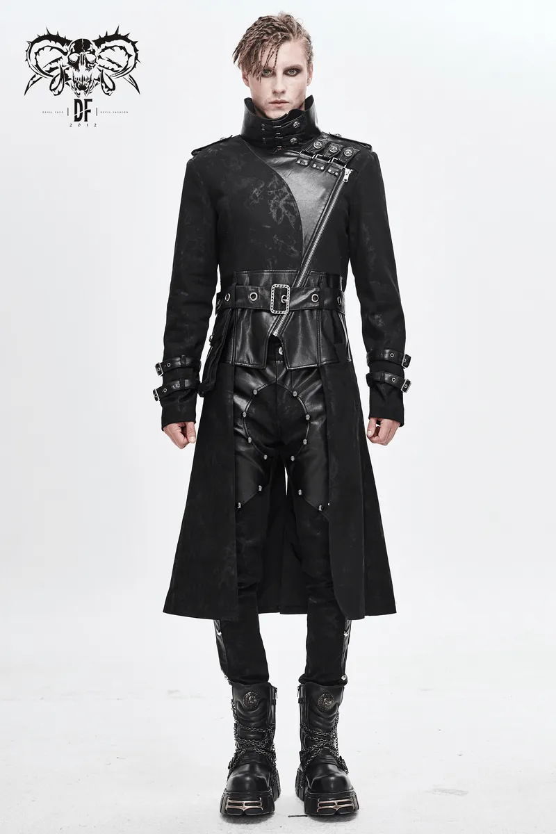 Gothic Punk Long Trench Coat With Pocket / Men's Assymetrical Coat With Zipper and Buckles