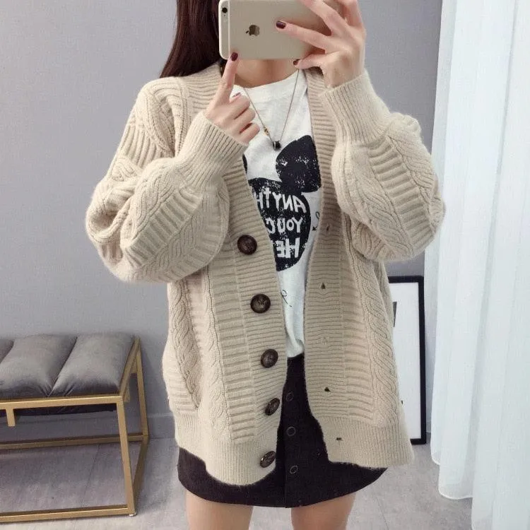 Great Women Autumn Winter Knit Sweater and Cardigans - Open Stitch Loose Knit Cardigans Pink Jumpers Winter Sweater Coat Femme (TP4)(TB8C)(1U23)
