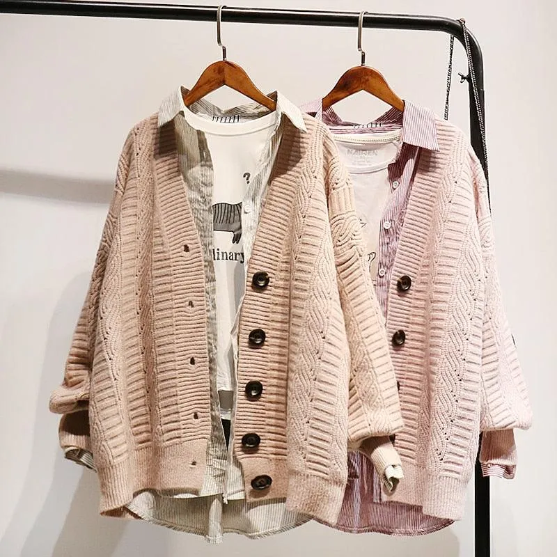 Great Women Autumn Winter Knit Sweater and Cardigans - Open Stitch Loose Knit Cardigans Pink Jumpers Winter Sweater Coat Femme (TP4)(TB8C)(1U23)