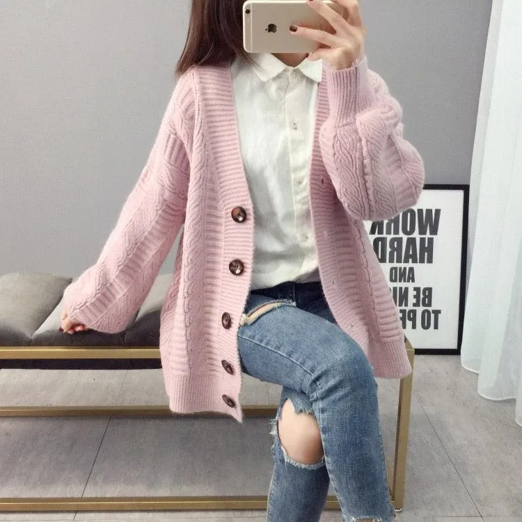 Great Women Autumn Winter Knit Sweater and Cardigans - Open Stitch Loose Knit Cardigans Pink Jumpers Winter Sweater Coat Femme (TP4)(TB8C)(1U23)