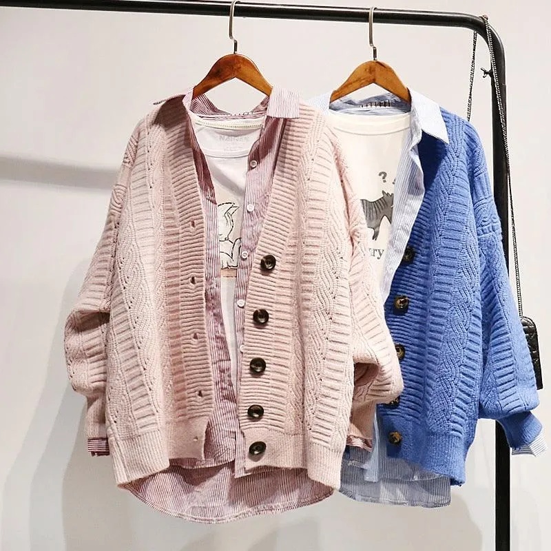 Great Women Autumn Winter Knit Sweater and Cardigans - Open Stitch Loose Knit Cardigans Pink Jumpers Winter Sweater Coat Femme (TP4)(TB8C)(1U23)