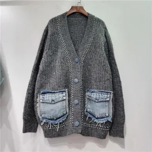Hit Color Spliced Denim Sweaters For Women V Neck Long Sleeve Patchwork Single Breasted Vintage Sweater Female