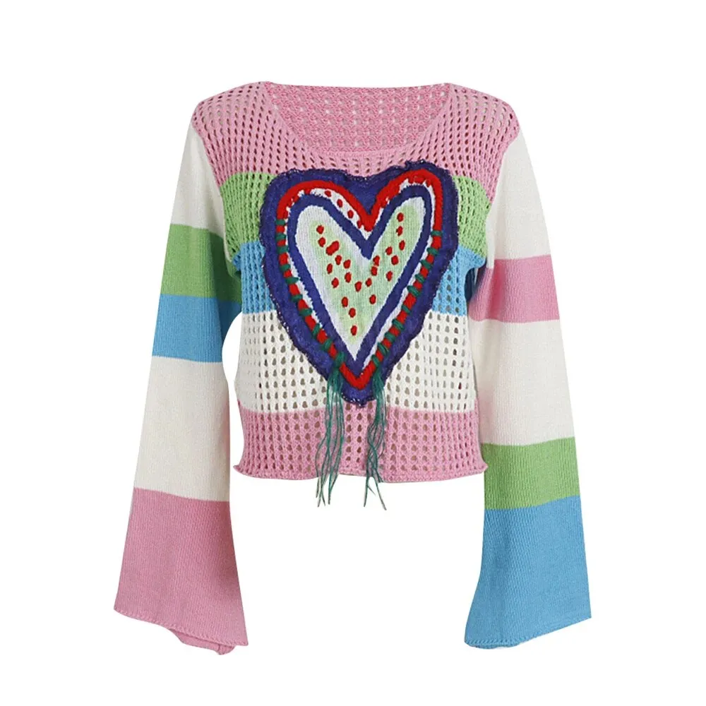 Hit Color Striped Knitting Sweaters For Women Round Neck Long Sleeve Hollow Out Chic Sweater Female Clothing