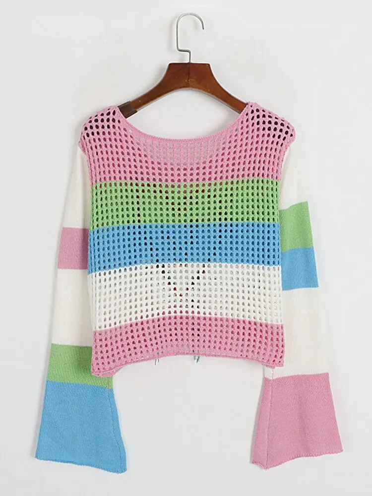 Hit Color Striped Knitting Sweaters For Women Round Neck Long Sleeve Hollow Out Chic Sweater Female Clothing
