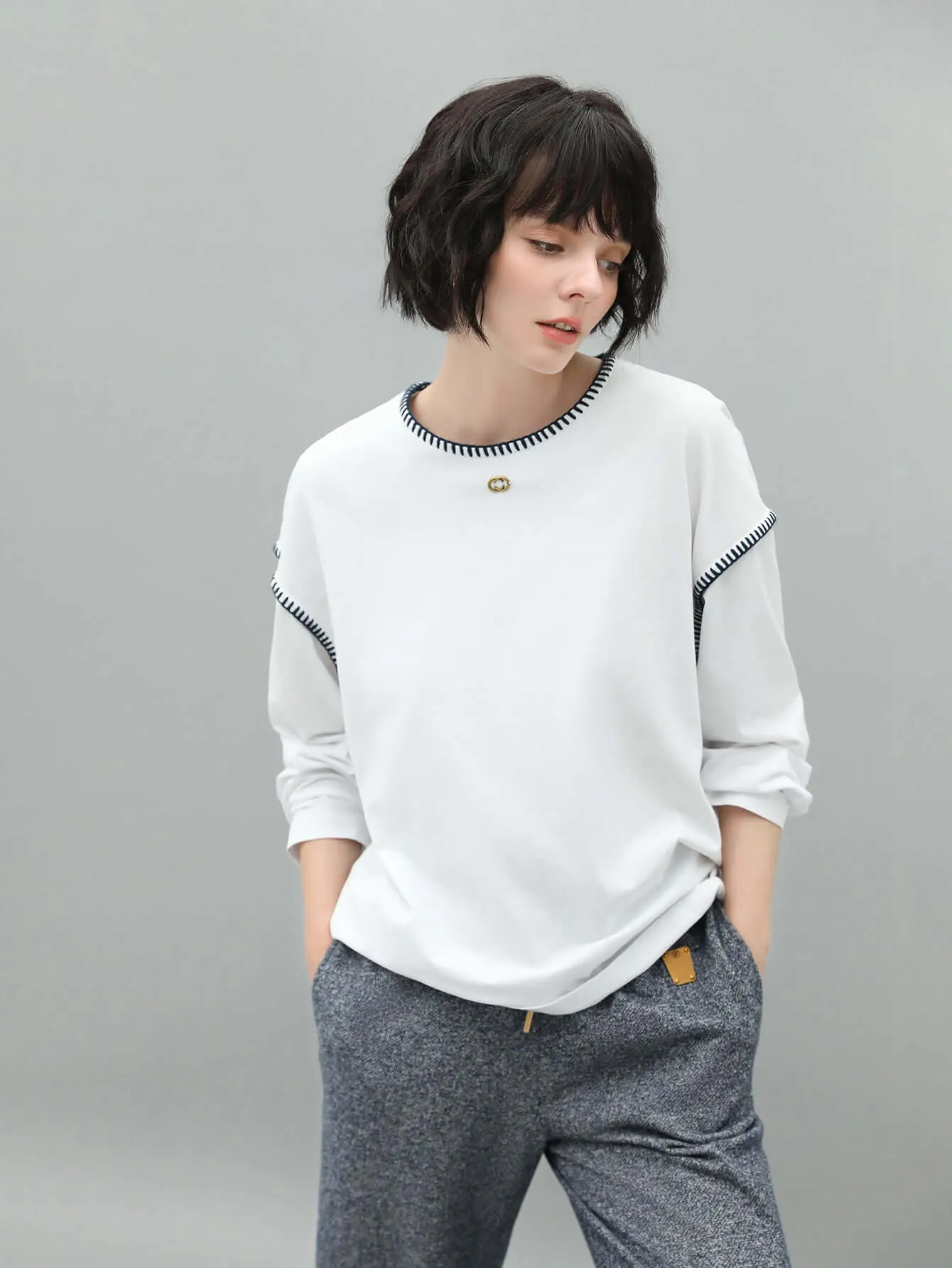 Long Sleeve Tee with Contrast Stitching