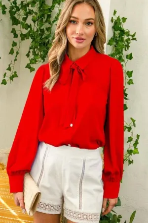 Red Collared Tie Neck Button Detail Woven Blouse