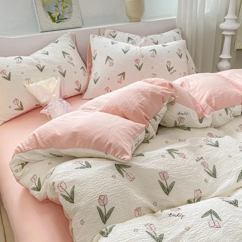 SINOTAO  -  Bedding Set Minimalist Rural Style Floral. Selsack Four PIECE Set, Washing Cotton Bed Sheets, Bed Sheets,Covers, Girl