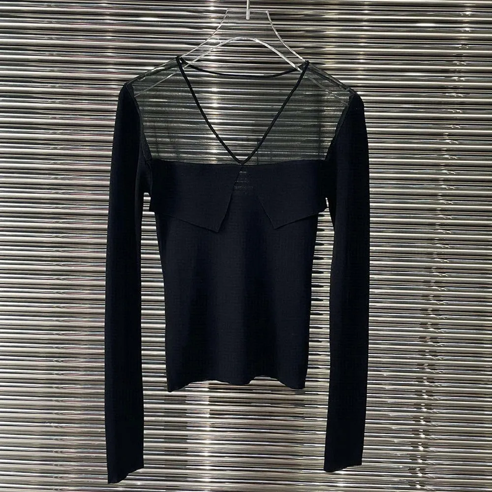 Skinny T Shirt For Women V Neck Long Sleeve Patchwork Mesh Solid Slim T Shirts Female Clothes Spring Style