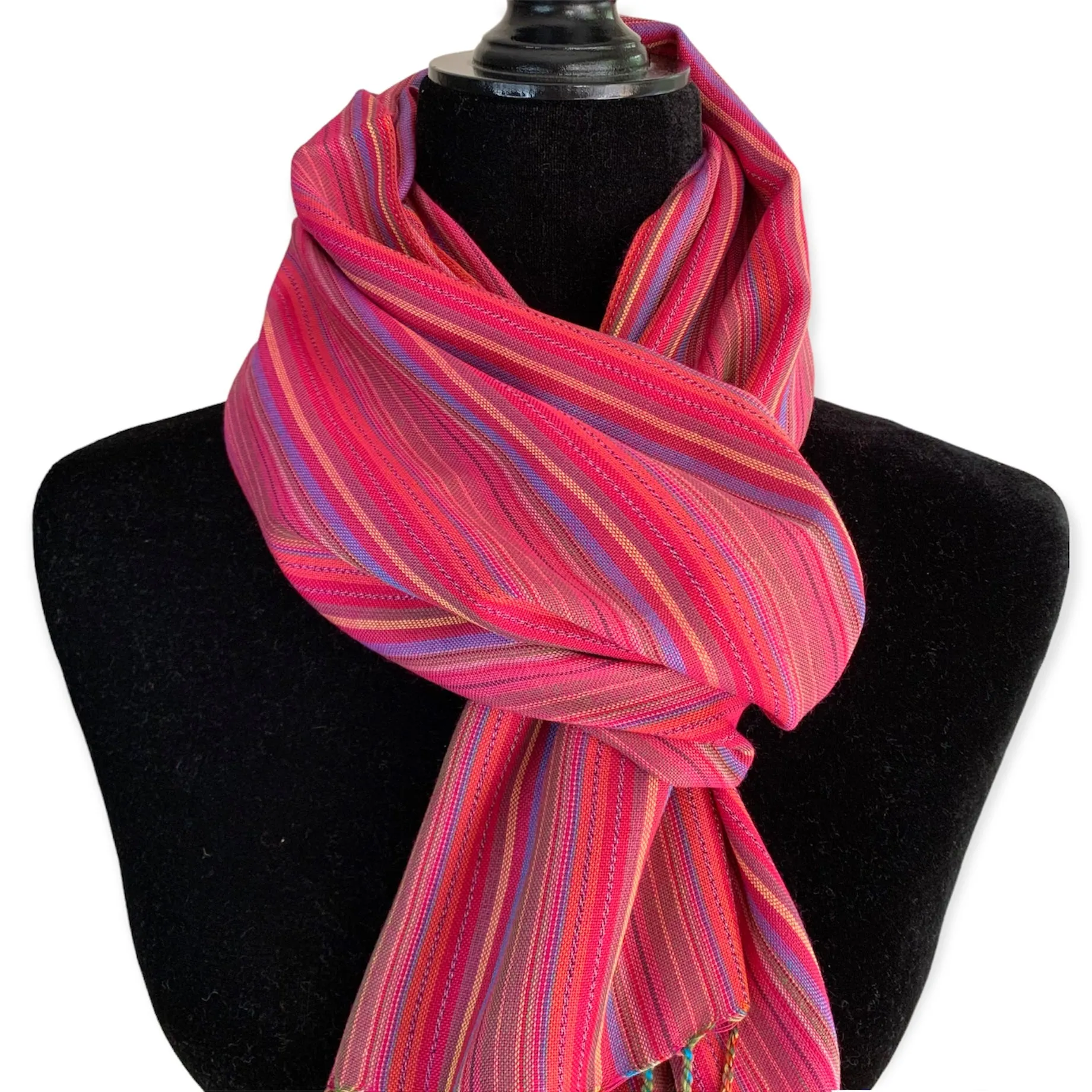 Small Striped Handwoven Bamboo Viscose Scarf - Blue & Yellow with Pink