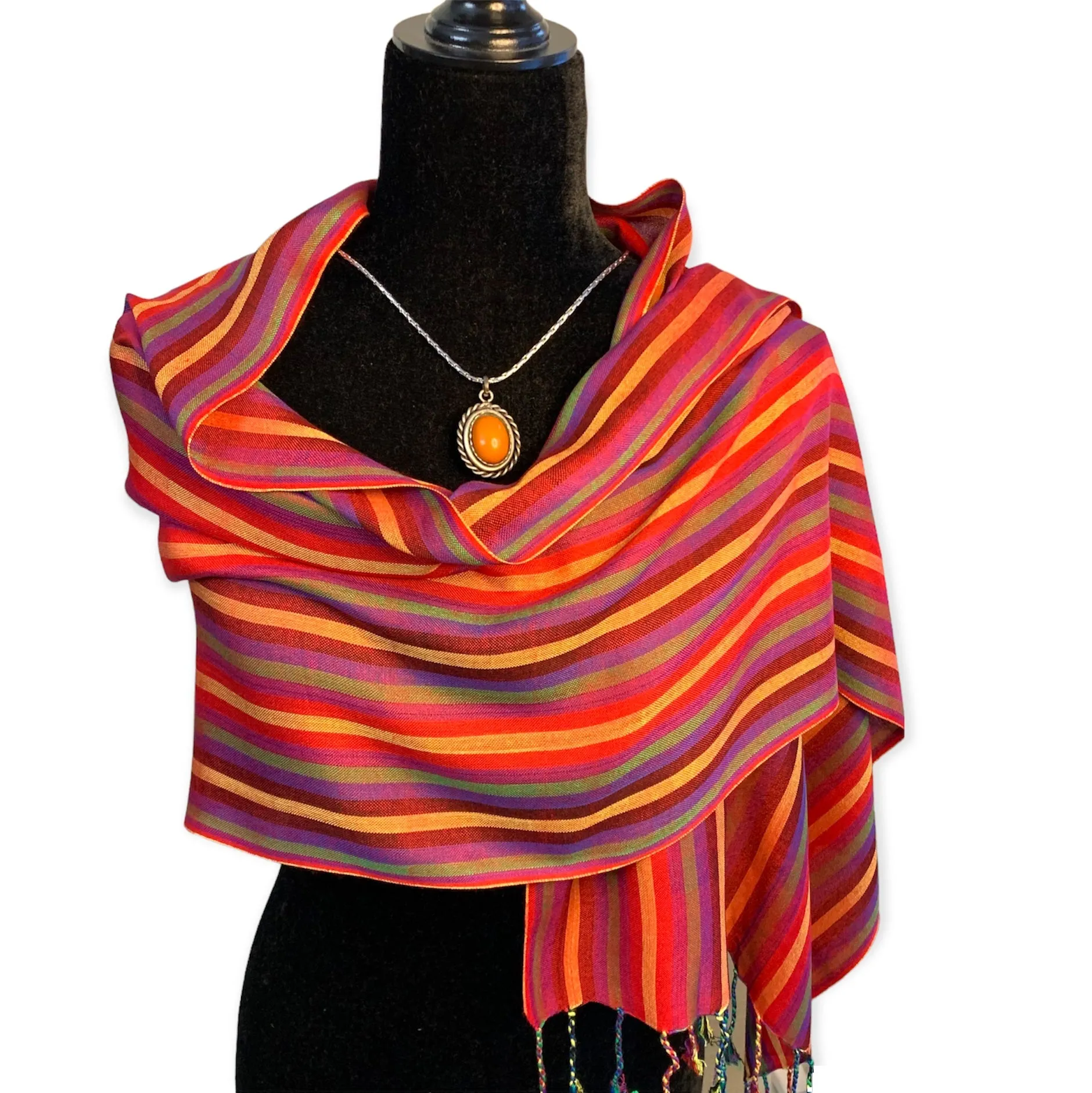 Small Striped Handwoven Bamboo Viscose Scarf - Red & Olive