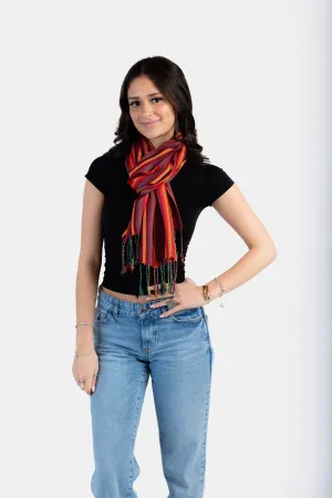 Small Striped Handwoven Bamboo Viscose Scarf - Red & Olive