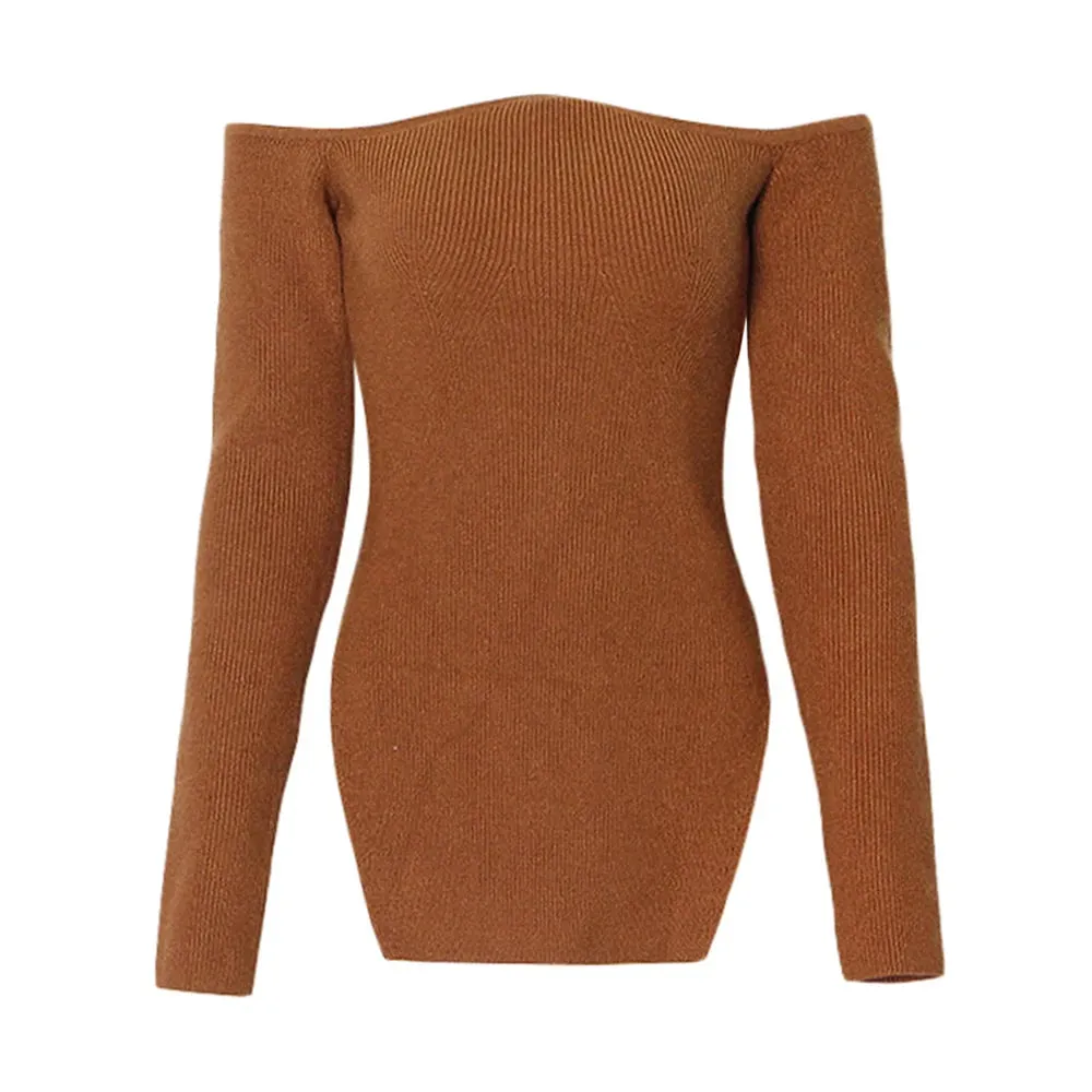 Solid Casual Off Shoulder Knitting Sweaters For Women Slash Neck Long Sleeve Split Slimming Pullover Sweater Female Fashion