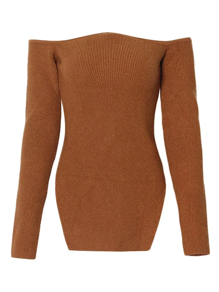 Solid Casual Off Shoulder Knitting Sweaters For Women Slash Neck Long Sleeve Split Slimming Pullover Sweater Female Fashion