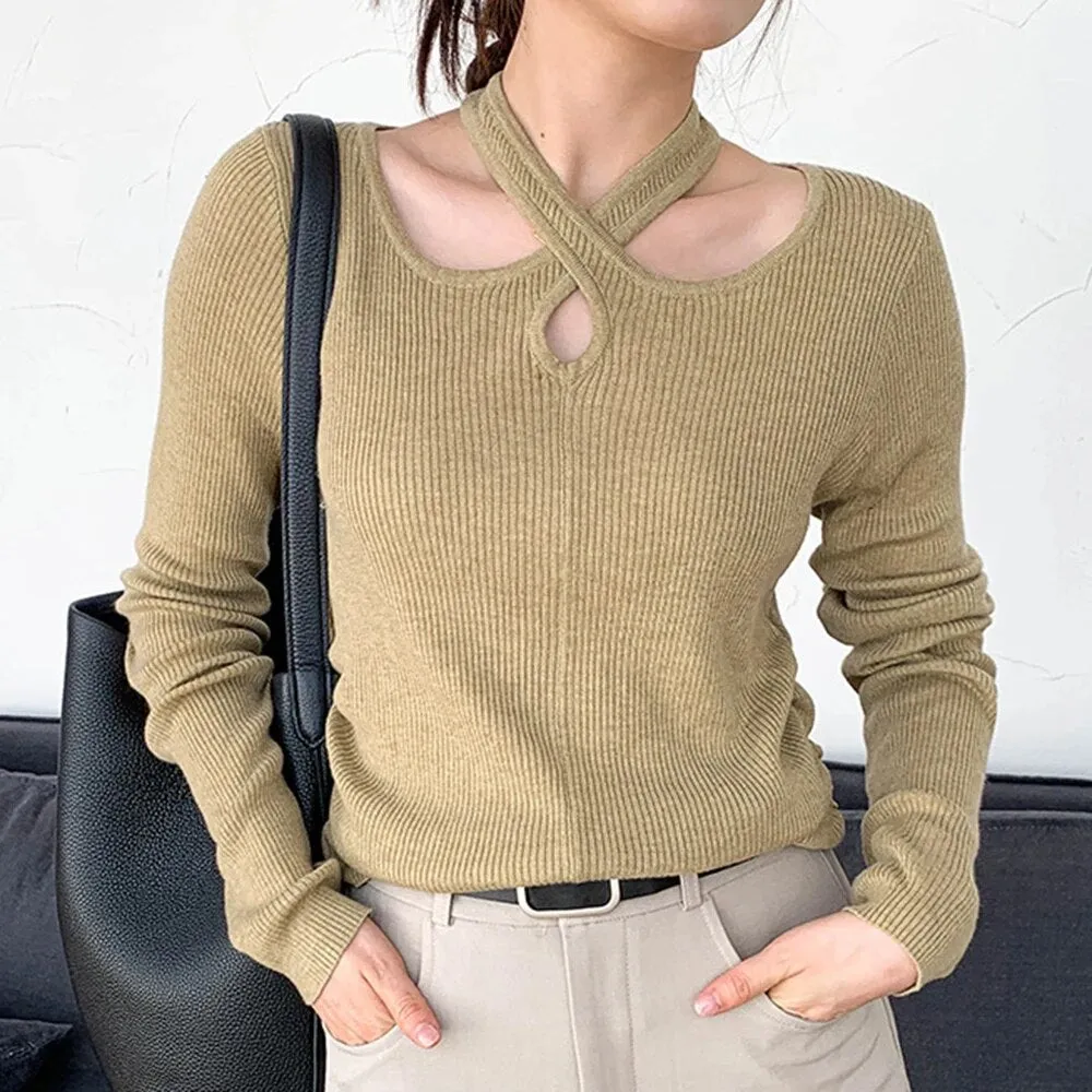Solid Slimming Knitting Sweaters For Women Halter Long Sleeve Hollow Out Pullover Sweater Female Fashion Clothes