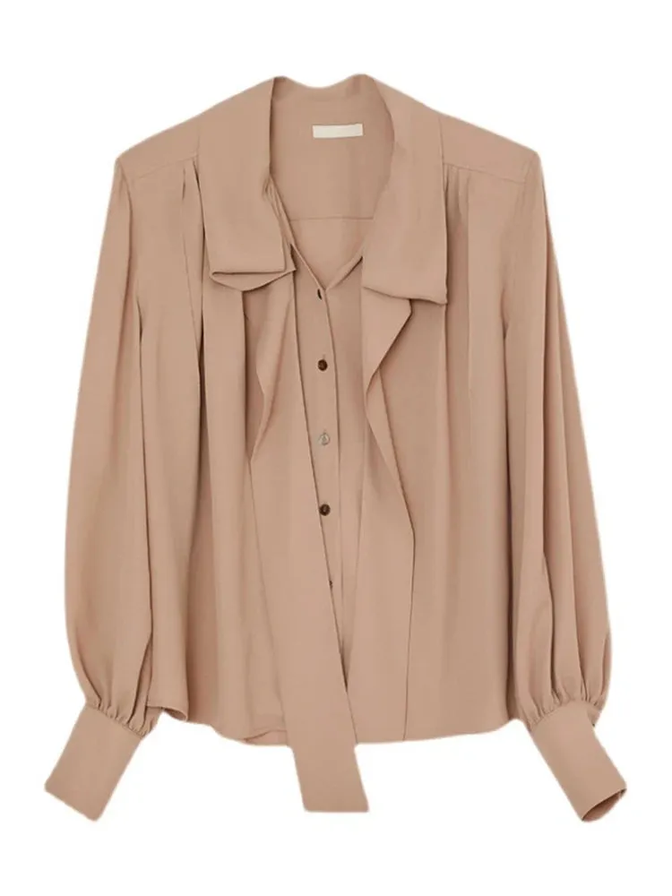 Solid Spliced Lace Up Elegant Shirts For Women Lapel Long Sleeve Patchwork Single Breasted Loose Blouse Female New