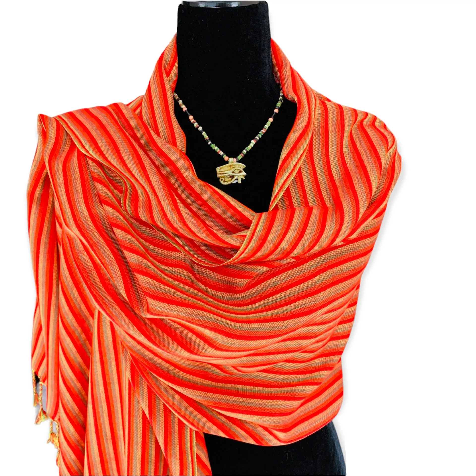 Thin Striped Handwoven Bamboo Viscose Scarf - Red & Yellow